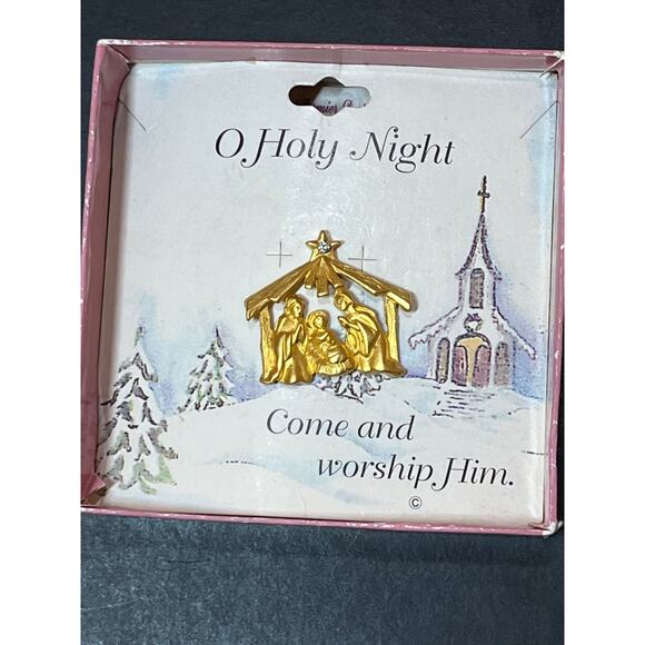 Vintage Nativity Christmas Pin. O Holy Night. W/box. gold tone. - Picture 2 of 3